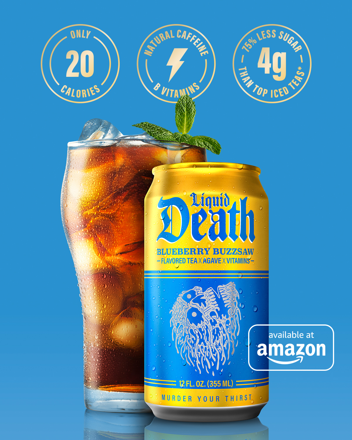 Liquid Death image ad — Blueberry Buzzsaw Iced Tea Launch