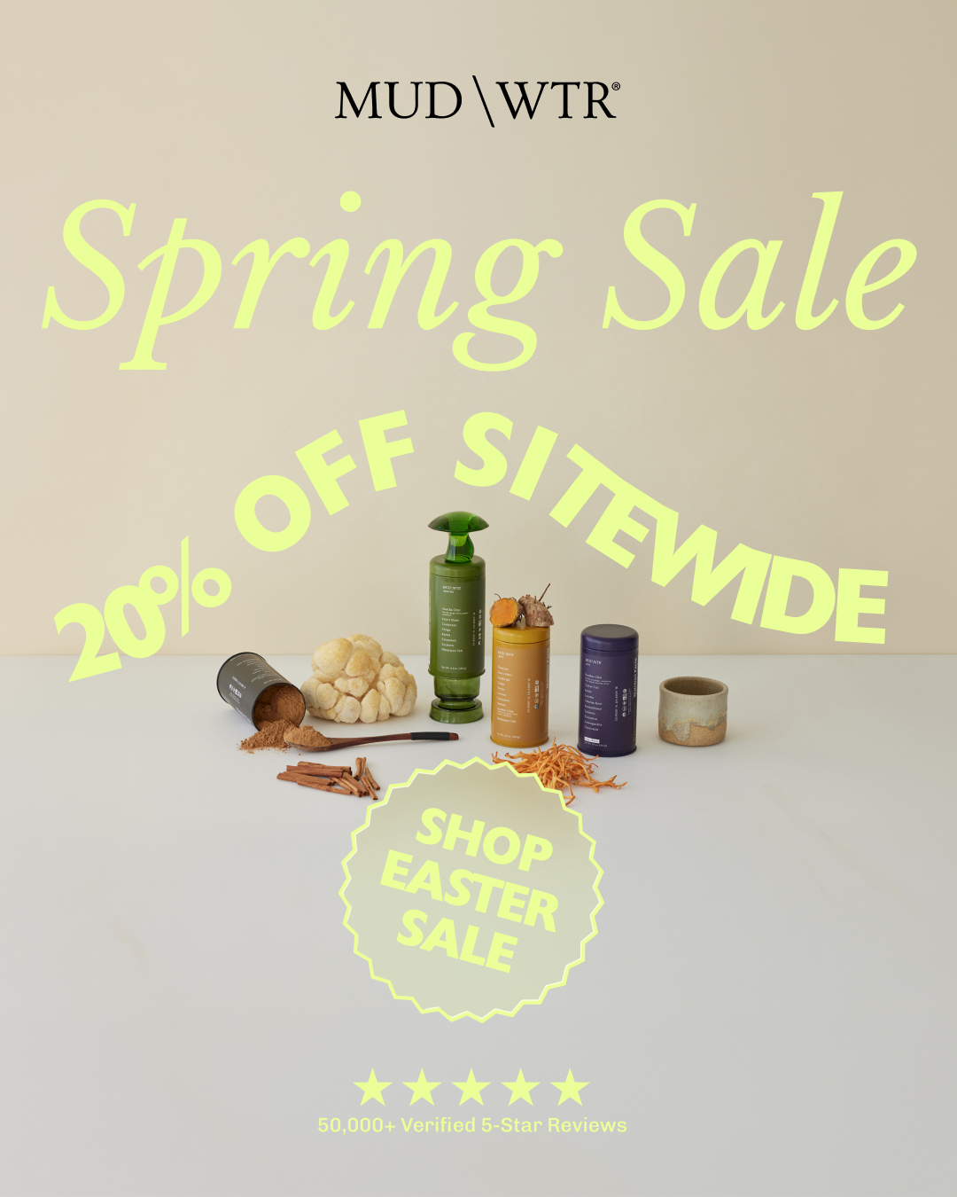 MUD\WTR image ad — 20% off site-wide — Shop Spring Sale