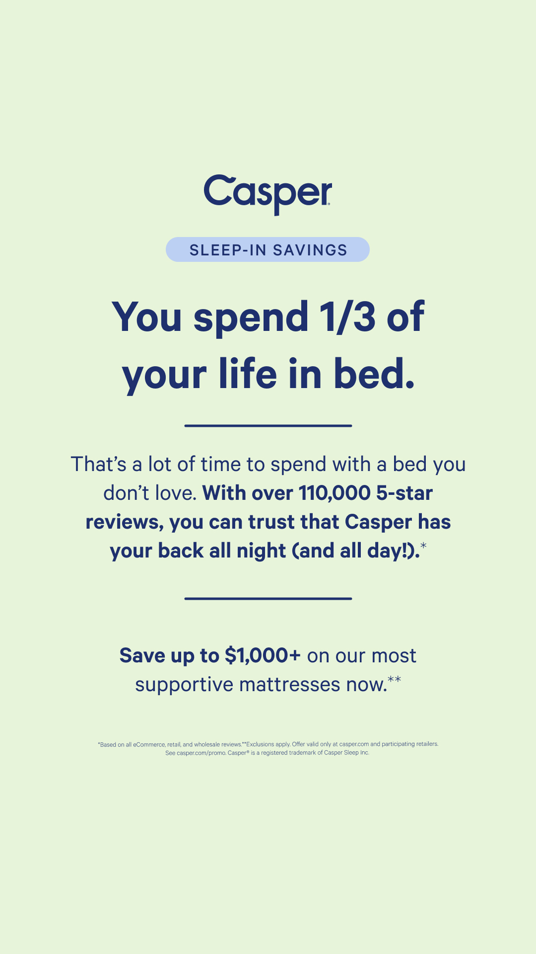 Casper image ad — Sleep-In Savings: Up to 25% off